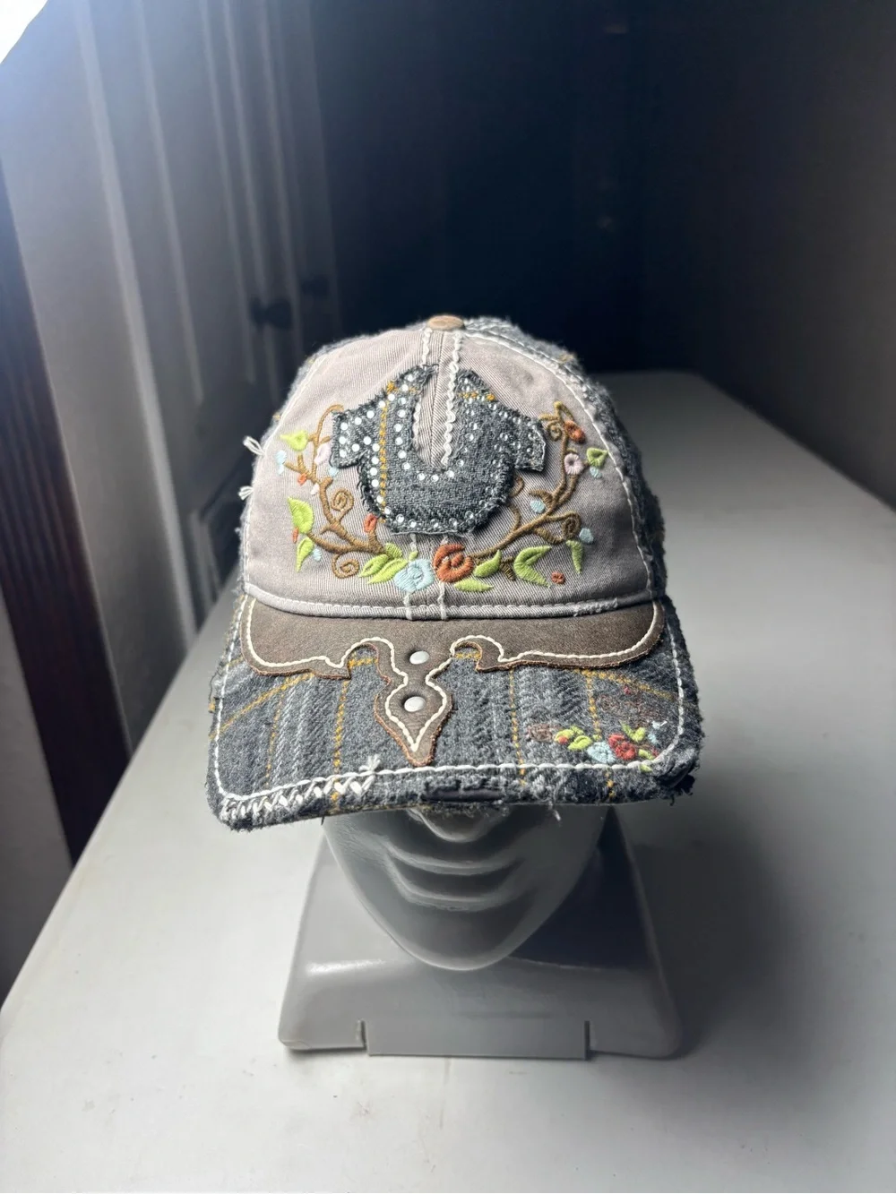 True Religion Distressed Multicolor Vintage Denim Cap Hat women Snapback
